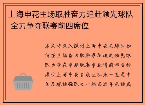 上海申花主场取胜奋力追赶领先球队 全力争夺联赛前四席位