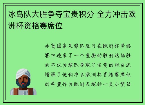 冰岛队大胜争夺宝贵积分 全力冲击欧洲杯资格赛席位