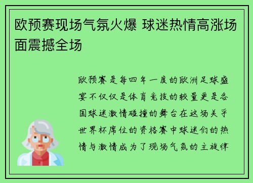 欧预赛现场气氛火爆 球迷热情高涨场面震撼全场