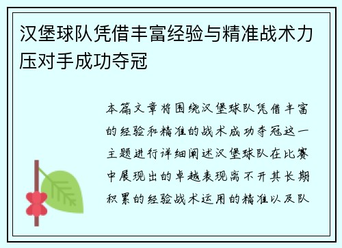 汉堡球队凭借丰富经验与精准战术力压对手成功夺冠