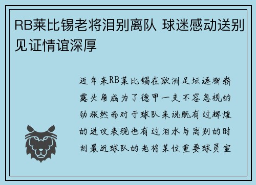 RB莱比锡老将泪别离队 球迷感动送别见证情谊深厚
