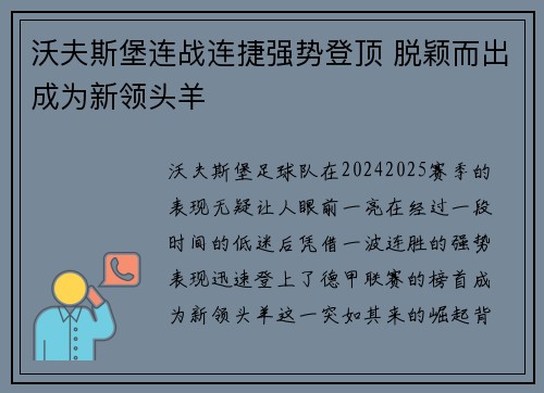 沃夫斯堡连战连捷强势登顶 脱颖而出成为新领头羊